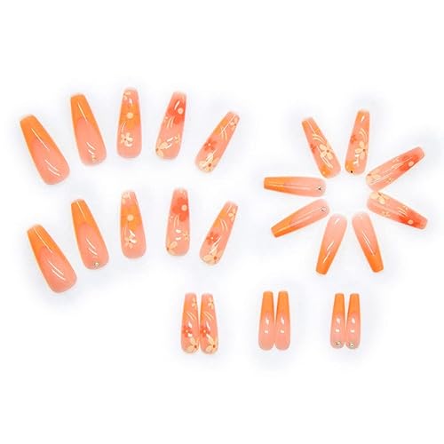 Yosomk French Tip Long Press On Nails Flower Orange False Fake Nails Acrylic Nails Press On Artificial Nails For Women Stick On Nails With Glue On Static Nails #TOP4