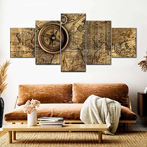 PMSM Brújula de latón en el Mapa Mundial 5 Piezas Cuadros Lienzo Decoracion Salon Modernos De Pared Papel Pintado Murales Pintura Póster Fotos Regalo 200x100cm (Sin Marco) Cover