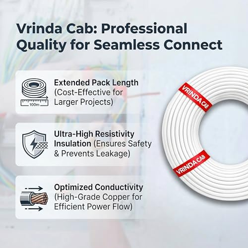 Image of VRINDA CCA Copper White 0.75MM Electrical Wire - CCA Copper 90 Meter Flame Retardant Cable for Home & Office Wiring
