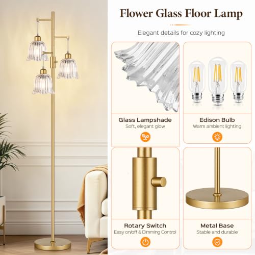 Image of Dimmable Flower Floor Lamp, 3 x 900LM LED Bulbs Included, Modern
