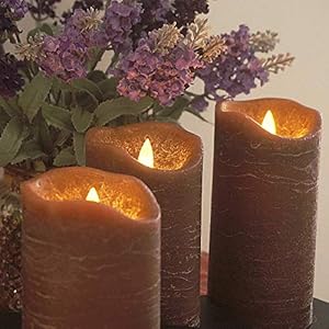 CANDLE CHOICE Real Wax Battery Operated Flameless Candles with Remote Automatic Daily Cycle Timer Realistic Flickering Electric LED Pillars Wedding Party Holiday Decoration 3 Pack Rustic Texture Brown