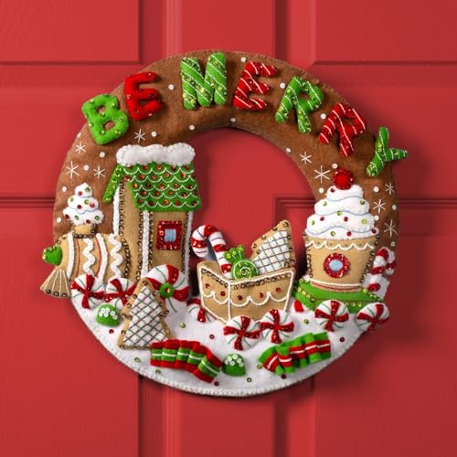 Image of Bucilla Felt Applique Wreath Making Kit, Gingerbread Express, Perfect for DIY Arts and Crafts, 89677E