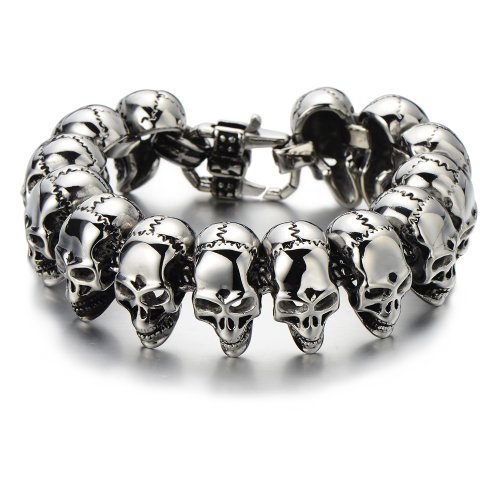 COOLSTEELANDBEYOND Mens Stainless Steel Large Skull Link Bracelet Biker Gothic Style Silver Color High Polished