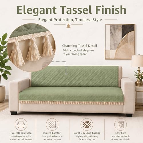 Image of Lukzer Quilted Sofa Cover Mat with Tassels for 3 Seater Sofa - Mint Green | Soft Washable Anti-Slip Protector for Living Room | Furniture Cover for Back-Seat Slipcover 180X150CM / SC-199-3T