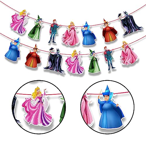 Image of Sleepin Beauty Garland Decoration - Princss-Themed Party Banner Featuring Castles, Crowns, Roses & Magical Icons - Elegant Supplies for Birthdays, Celebrations & Themed Events