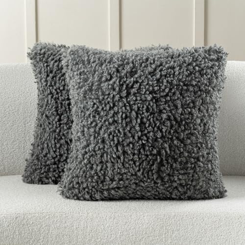 FUTEI Dark Grey Decorative Throw Pillow Covers 24x24 Inch Set of 2,Soft Fluffy Faux Wool Fur Boucle Textured European Cushion Case,Modern Home Decor for Couch Bed Living Room Office