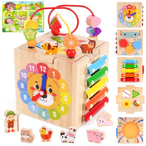 Image of Toddler Wooden Activity Cube Toys, Montessori Toys for 1 2 3 Year Old Boy Girl, Educational Learning Toy for Toddlers 1-3 2-4 Years, Sensory Infant First 1st 2nd one two Christmas Birthday Gifts