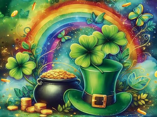 Gearock St Patricks Day Diamond Art Kits for Adults Rainbow Gold Coins Green Shamrock Clover Diamond Painting Kits for Room Bedroom Living Room Bathroom Wall Holiday Decor