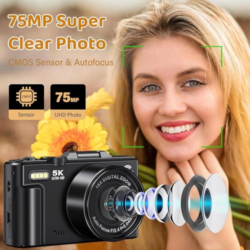 Image of BIGASUO 5K Digital Camera - 75MP Digital Cameras for Photography - Vlogging Camera for YouTube - Autofocus Video Camera 3 inch 180 Flip Screen with 18X Zoom (1204) (Black, B04)