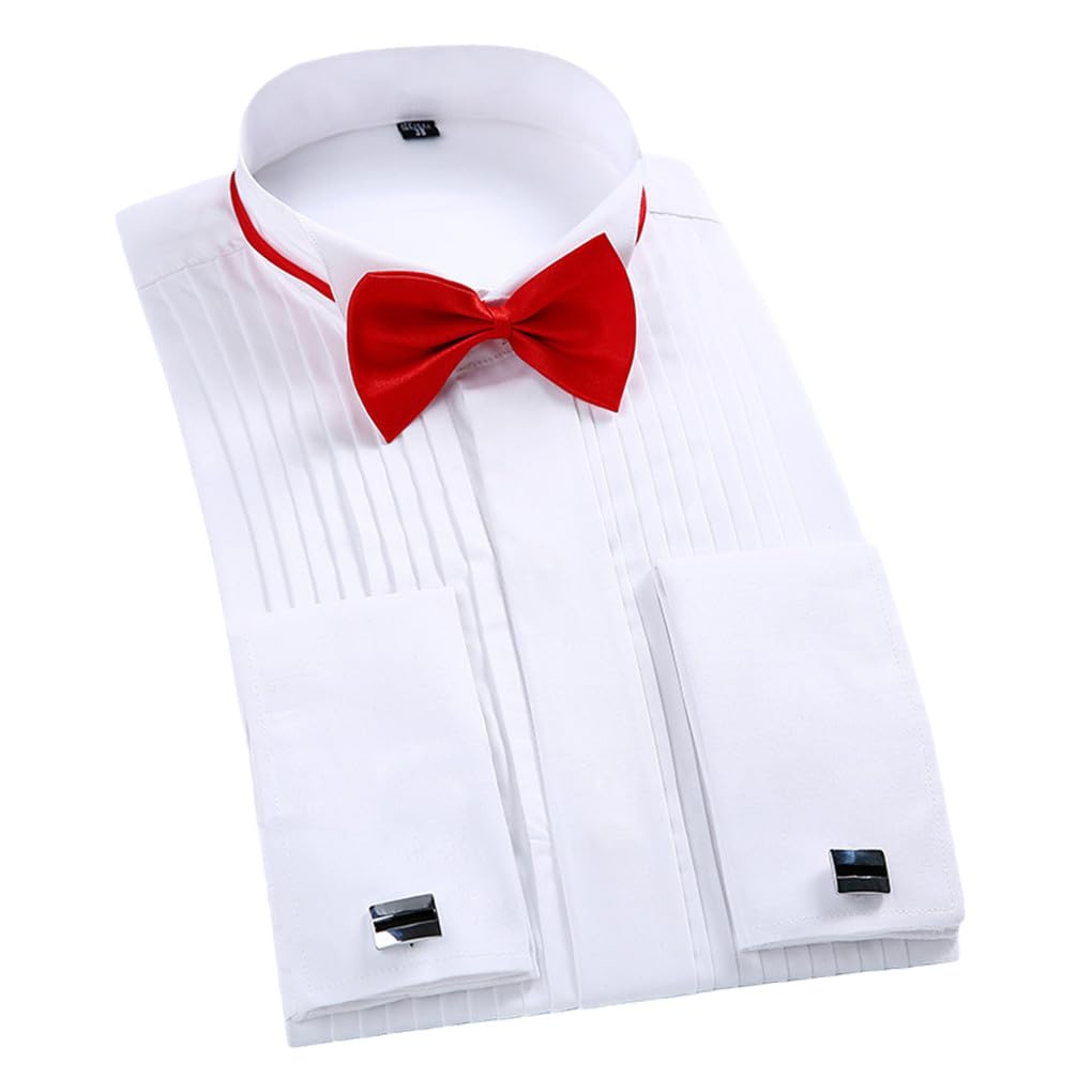 keusyoi Camicia da Smoking da Uomo A Maniche Lunghe da Uomo con Polsini alla Francese, Camicie da Sposa con Papillon Rosso Nero