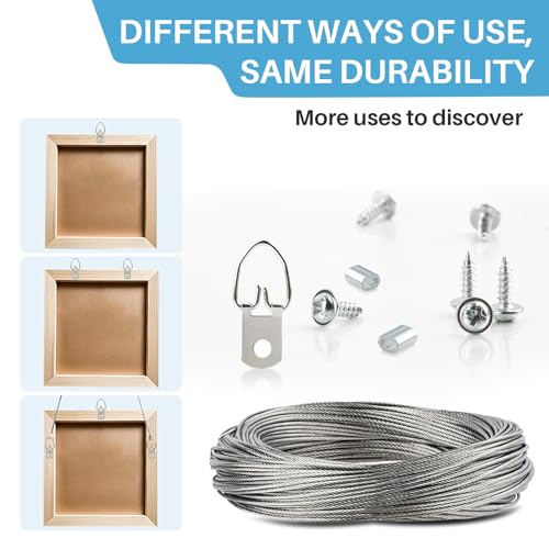 Image of 60pcs Picture Wire Hanging Kit - Maqihan Mirror Hanging Kit Picture Hanging Wire 100 Feet and Picture Frame Hangers D Rings with Screw and Aluminum Sleeves for Photos and Other Wall Hanging