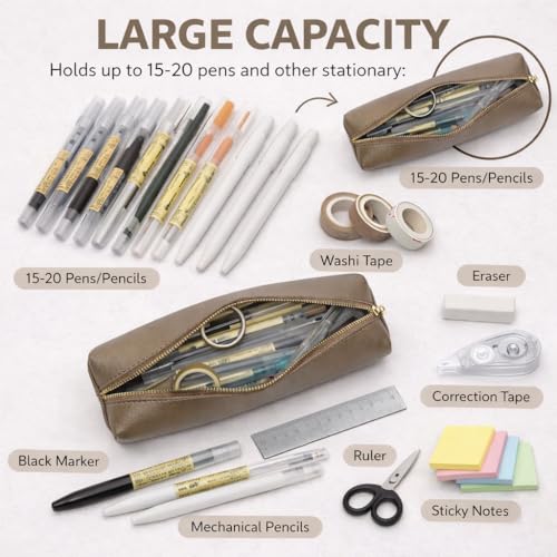 Image of Pencil Case Small Zipper Pen Pouch for School Office Art Supplies Stationery Organizer Bag for Pens Markers(Pearl Brown /Faux Leather)