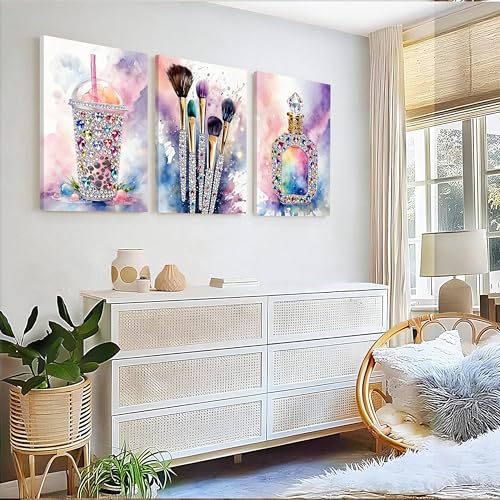 Teen Girls Bedroom Canvas Wall Art Set of 3 with Rhinestone Details, Sparkly Makeup Brush Milk Tea Perfume Paintings, Colorful Watercolor Aesthetic Wall Decor for Teen Girl Room Bathroom Dorm12x16in by JZMGGQQ - Used condition - Image 2