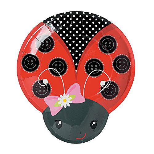 Fun Express Little Ladybug-Shaped Paper Dinner Plates - Disposable Black Red Little Ladybug Themed Party Dessert Plates - Tableware Decorations for Girls Birthday Decor - Party Supplies - 8 Pieces