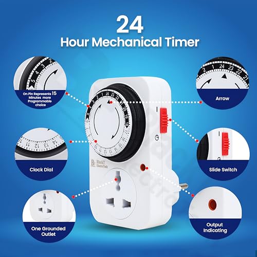 Image of Blackt Electrotech BT41PM 24 Hour Plug-in Mechanical Timer Switch (10 Amp, 230V) - Programmable Analog Timer Socket for Lamps, Aquariums, and Home Appliances - 15 Minute Intervals