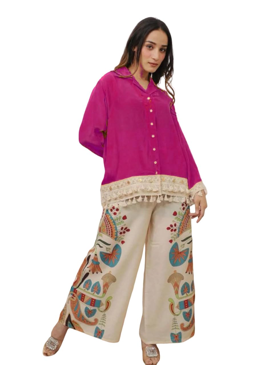 Women's Boho Printed Palazzo Pants with Fuchsia Tassel Top Co-Ord Set | Relaxed Fit Ethnic Fusion Outfit | Stylish Casual & Vacation Wear for Women-picture-15