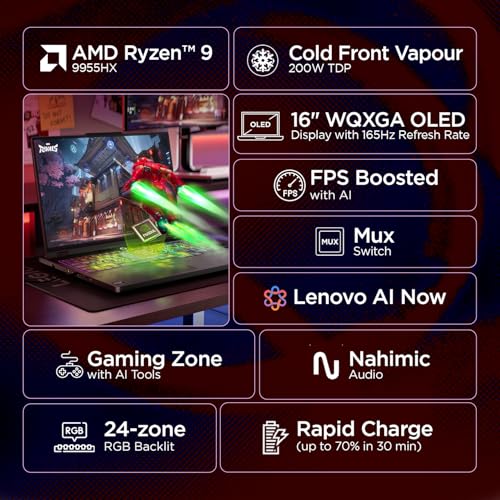 Image of Lenovo Legion Pro 5 2025 AMD Ryzen 9 9955HX | NVIDIA RTX 5070 8GB (32GB RAM /1TB SSD /WQXGA OLED /165Hz /16 (40.6cm) /Windows 11 /Office 2024+AI Now /Black /2.3Kg), 83F20036IN AI Powered Gaming Laptop
