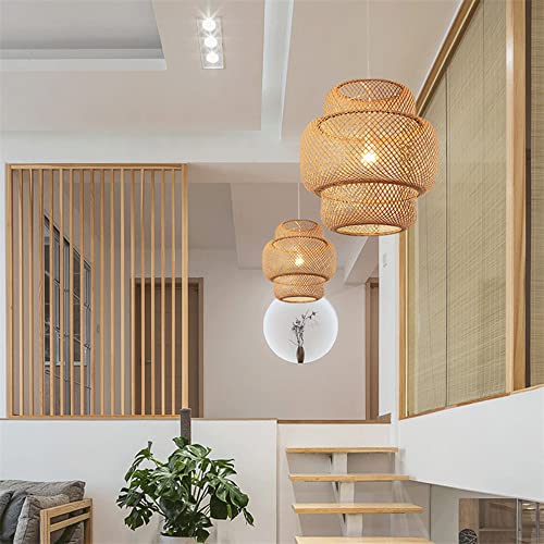 Abat-Jour en Bambou tissé E27 pour suspension de salon et chambre