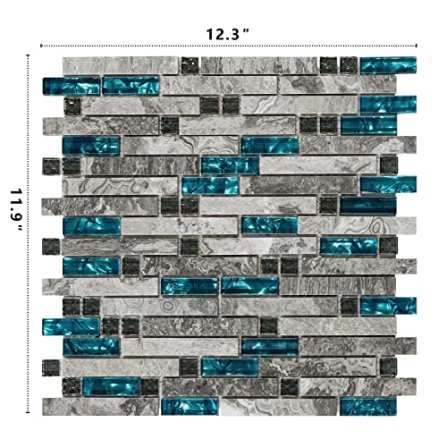 Midcard 4-Sheet Grey Marble Tile For Kitchen Backsplash 12" X 12.3" X 6Mm, Blue Glass With Grey Stone Mosaic Tile For Bathroom, Kitchen, Bedroom, Etc. #TOP2