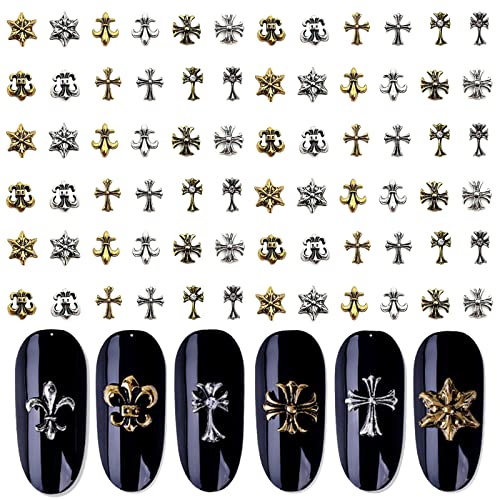 Mocossmy Cross Nail Art Charms Decoration,72 PCS Gold Silver 3D Mini Metal Punk Vintage Cross Designs Mixed Types Retro Acrylic Nail Jewelry Accessories for Women Girls DIY Manicure Crafts Decoration