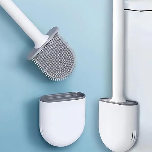 Long Handle Flexible Toilet Brush with Durable Plastic & Portable Bracket - Compact Quick Bathroom Cleaning Tool for Home, Apartment Hygiene, Black