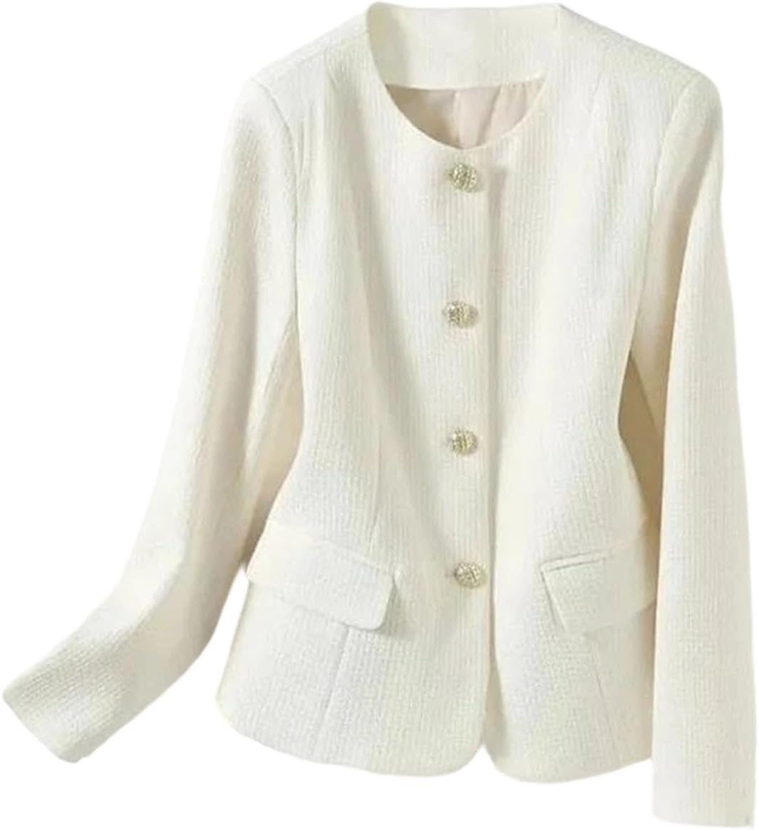 Womens Round Neck Short Blazer Jacket Long Sleeve Stylish Workwear Coat Elegant Office Look