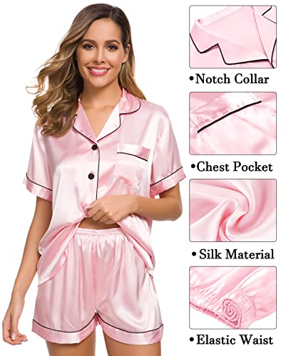SWOMOG Womens Satin Pyjama Sets Ladies Silk Nightwear 3 Piece Short Sleeve Pj Set Button Down Sleepwear Set Loungewear - Image 4