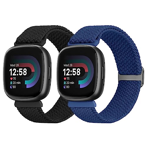 SHIJZWD 2-Pack Elastic Braided Straps Compatible With Fitbit Versa 4/3, Sense 2/1 - Adjustable Stretchy Nylon Replacement Band