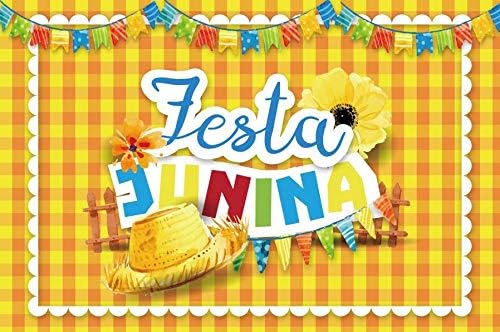 Laeacco Festa Junina Backdrop 7x5ft Vinyl Photography Background Brazil June Festival Party Background Hat Flowers Flag Decor Yellow Grid Frame Backdrop Mexican Fiesta Theme Event Table Decor Banner