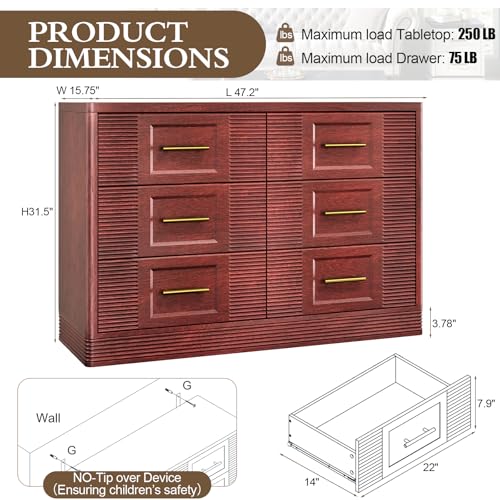 RECHHX Farmhouse 6 Drawers Dresser for Bedroom, 47.2" Wide Large Modern Chest of Drawers, Wooden Thermoformed Curved Dresser Organizer for Bedroom, Living Room, Rustic Cherry — view 2
