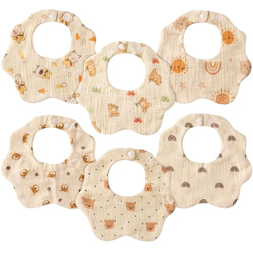 Image of BUoonyer 6Pcs Muslin Baby Drooling Bibs, Cotton Bandana Drool Bibs, Adjustable Snap Closure Teething Scarf Burp Cloths