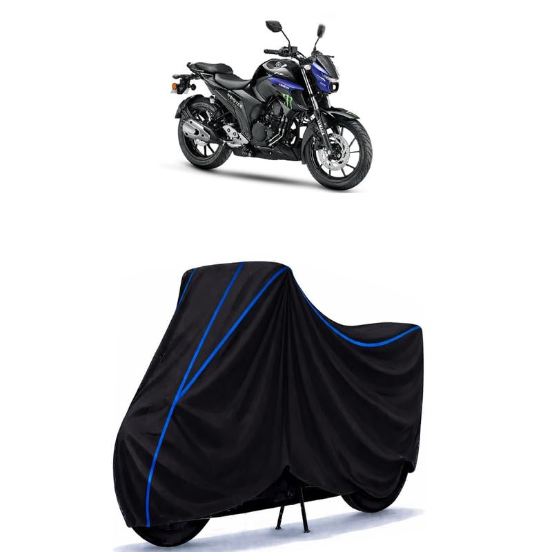Image of FZ S FI (V 2.0) Bike Cover Water Resistant Universal Motorcycle Rain | Heavy Duty UV Protection, Dust, Scratch Indoor Outdoor All Weather with Black Blue Piping Elastic