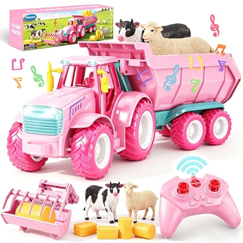 Funwee RC Farm Tractor Toy w/Light & Music Kids Trailer Toy w/Front Loader & Farm Animal 2.4GHz RC Tractor Truck Car for Boys & Girls Toddler Vehicle Playset Age 3-8+ Year Old Gifts (Pink)