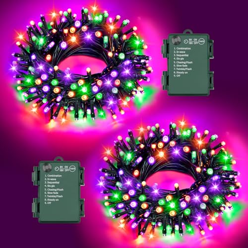 FFZZKJ Halloween Lichterkette Batterie Insgesamt 100LED 10M mit Timer 8 Modi Wasserdicht Lichterkette Außen Innen 50LED*2 5M*2 für Halloween Deko Outdoor, Orange&Lila&Grün