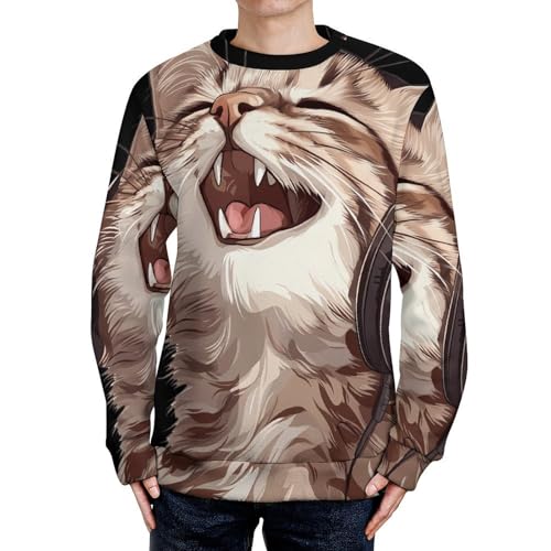 Kitten Cat with Headphones Men's Crew Neck Sweater Knit Pullover Women Casual Long Sleeve Crewneck Loose Fit Top