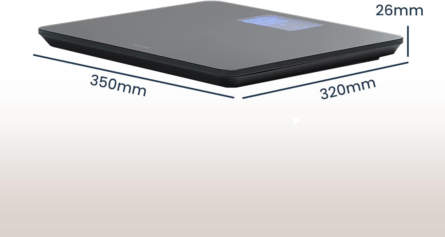 Tanita HD-366 Cyfrowa waga łazienkowa czarna, szklana waga do masy ciała z dużym podświetlanym wyświetlaczem LCD, udźwig 200 kg, dokładna nowoczesna waga osobista do domu i codziennej kontroli zdrowia