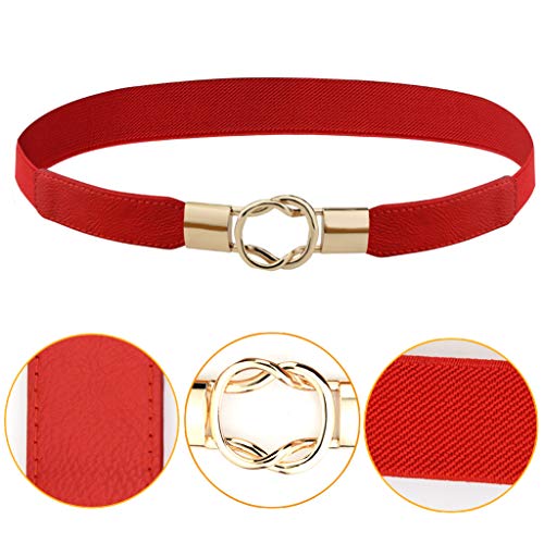 4 Pcs Women Retro Waist Belt Metal Buckle Skinny Stretchy Waist Belt for Dress (Black + Red + White + Khaki3