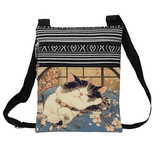 Kimono Cat Messenger Bag Small Ethnic Pattern Adjustable Strap Crossbody Zipper Bag Japanese Style Cat Phone Bag Wallet Cute Shoulder Handbag for Cat Lovers Women