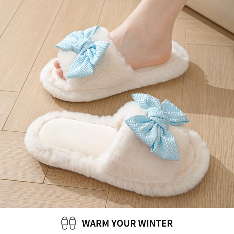 Pink Slippers Women's Sandal Bow Slippers Cotton Plush Fuzzy Bowknot Slides Warm Cute Kawaii Aesthetic Home House Bedroom Shoes Flat Non-Slip Indoor4