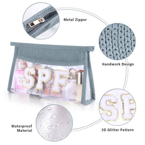 Ahdoma SPF Sunscreen Bag Clear Makeup Bag Chenille Letter SPF Cosmetic Zipper Pouch Summer Beach Essential Cute Toiletry Pouch Travel Accessories