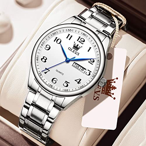 Olevs White Watch For Men Large Face Stainless Steel Quartz Watches With Date Casual Luminous Water Resistant Men's Wrist Watch Three Hands Men Dress Watch Arabic Numeral Male Lightweight Watch #TOP3