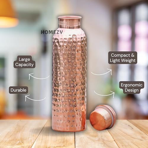 Image of Copper Water Bottle (34oz /1000ml) 100% Pure Handmade Hammered Ayurvedic Pure Copper Vessel for Drinking Heavy Duty & Leak-proof