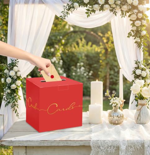 Image of HEIPINIUYE Red Wedding Card Box with Gold Foil 9.8 inch x 9.8 inch Red Large Gift Card Box for Party Wedding Reception Graduation Birthday Baby Shower Cardboard Raffle Envelope Box with Slot