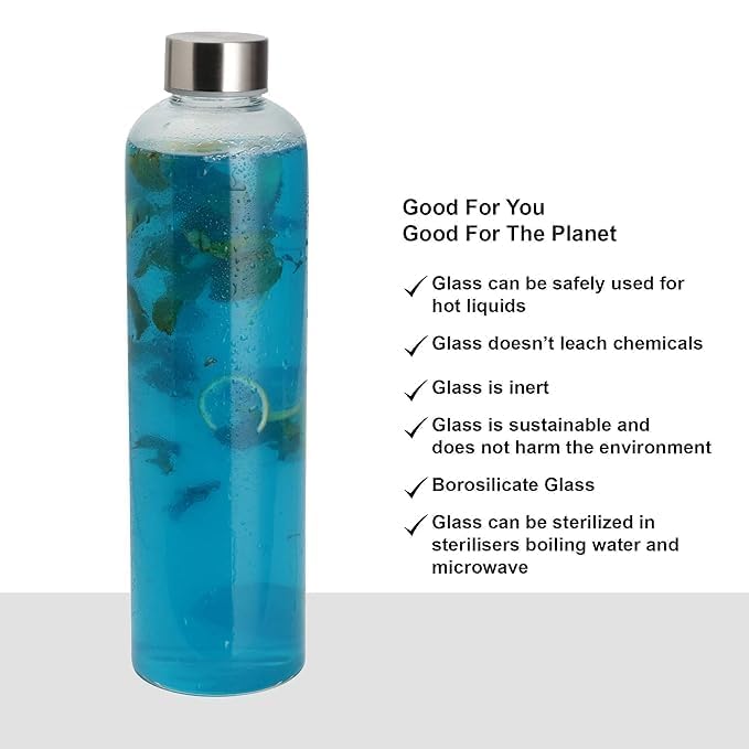 Image of SIMPARTE Borosilicate Glass Water Bottle 1000ml | Leak-Proof, Freezer Safe, Wide Mouth | Stainless Steel Cap | Perfect for Office, School, Travel | Set of 1