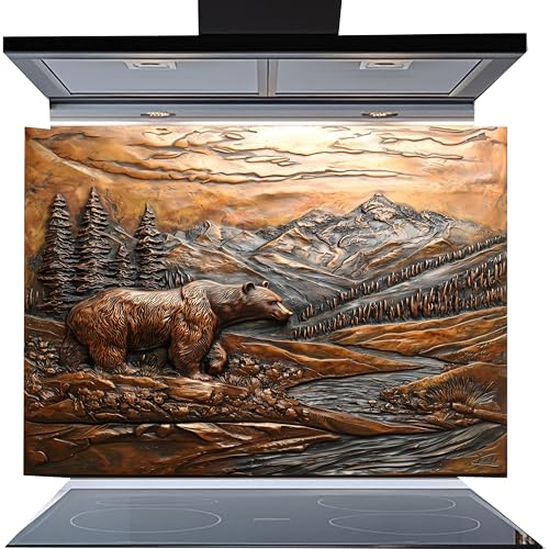 Tempered Glass Backsplash for Kitchen, Grizzly Bear Mountain Landscape Design Glass Backsplash, Copper Look Backsplash for Kitchen Wall, Rustic Kitchen Backsplash, Easy to Install Stove Backsplash
