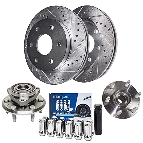 Image of Detroit Axle - Front Brake Kit for Chevrolet Traverse GMC Acadia Limited | Buick Enclave Saturn Outlook, Drilled Disc Brake Rotors Wheel Bearing & Hubs Wheel Lug Nuts Socket Key Replacement