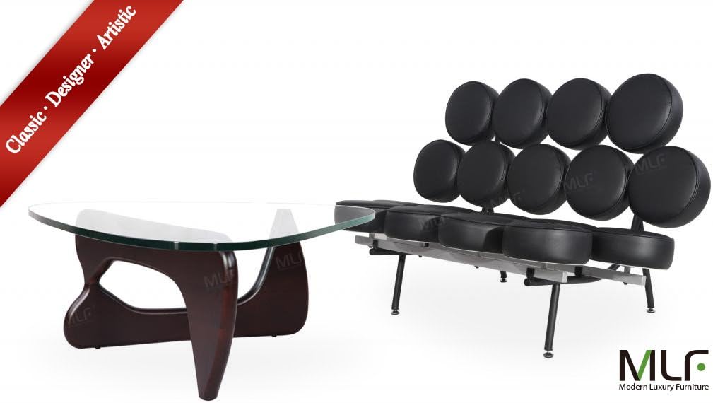 MLF Nelson Marshmallow Sofa + Isamu Noguchi Table (Sofa: Black Italian Leather, Table: Dark Walnut Ash Wood)(35 Combinations)