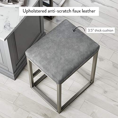 Nathan James Nelson Bar Stool With Leather Cushion And Metal Base, 24", Gray/Stainless Steel #TOP3