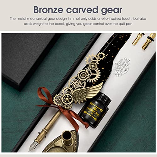 Image of Luxury Feather Quill Dip Pen Set with Stand & Black Ink - Vintage Calligraphy Writing Kit with 2 Extra Nibs - Elegant Signature Pen Gift for Kids, Writers & Artists (Ink Feather Pen Black)