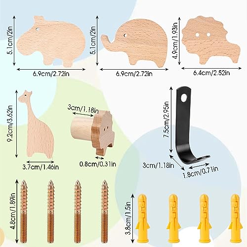 Wandhaken für Kinder, 4 Stück Tierhaken aus Holz mit 4 Einzelhaken aus Metall, Mehrzweckhaken aus Holz für Kinder zum Aufhängen von Kleidung, Schals, Hüten und Schlüsseln